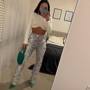 Zara Black & White Zebra-Print Straight Leg Jeans